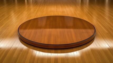 Polished round wooden platform on hardwood floor.