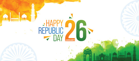 26 January, Happy Republic Day Banner with Silhouette India Famous Monuments in Abstract Tricolor Background.