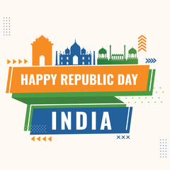 Happy Republic Day Poster with Tricolor India Famous Monuments on White Background.