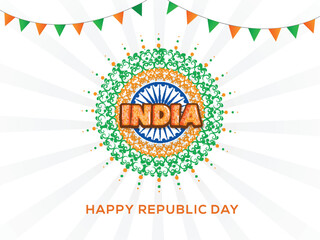 India Happy Republic Day Poster Design with Indian Flag Color Mandala and Bunting Flags on White Background.