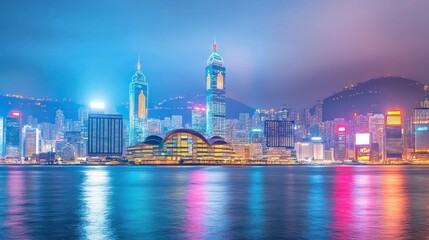 Obraz premium Vibrant Hong Kong skyline at night, reflecting on calm waters.