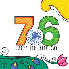 76 Years Happy Republic Day Poster with Ashoka Wheel on Floral Background.