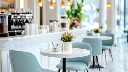Boutique coffee shop with white marble tables, vintage chairs, and delicate lighting, marble boutique cafe, charming, elegant