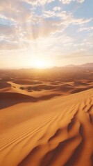 Golden sunset over vast, undulating sand dunes in a desert landscape.