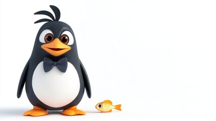 Obraz premium Cute cartoon penguin in a bow tie looks at a small goldfish.