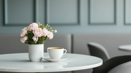 Hotel cafe with stylish decor, soft gray tones, and charming flower arrangements, gray charm coffee shop, modern, elegant