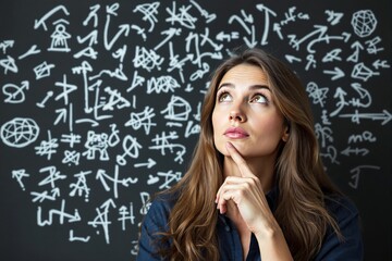 Woman pondering, gazing upward with hand on chin, surrounded by white abstract doodles and math formulas on a chalkboard. Concept of problem-solving. Ai generative
