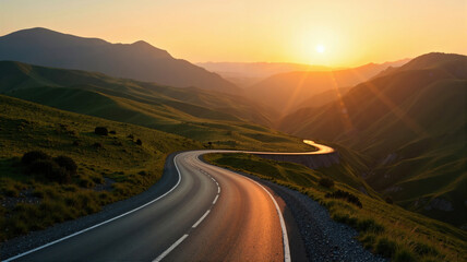 Winding road in the mountains going into the sunset with a lonely car