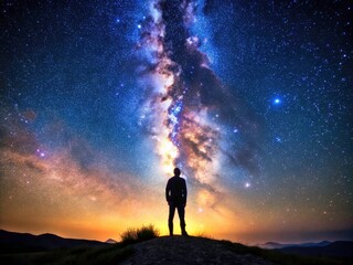 Fototapeta premium Astrophotography unveils the universe's grandeur: dark skies, shimmering stars, a solitary figure's cosmic silhouette.