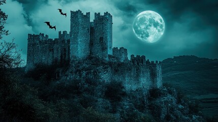 Fototapeta premium A spooky medieval castle on a hill under a full moon with bats flying.
