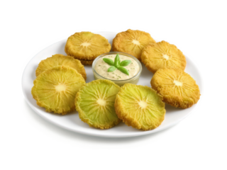 Fried Green Tomatoes Tart green tomatoes dipped in a crispy cornmeal batter and fried until golden, served with a tangy