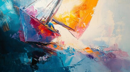Abstract painting of sailboat with vibrant colors and textured brushstrokes.