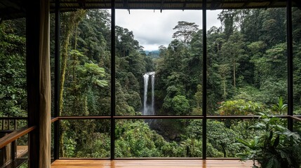 Fototapeta premium Waterfall view from a wooden deck with screened windows in a lush rainforest.
