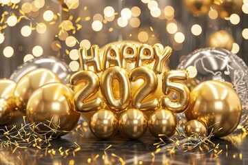 Gold Happy New Year 2025 message balloons with decoration party. symbolizes the start of the new year. MZ