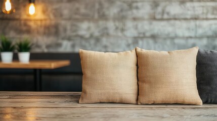 Rustic coffee shop with burlap cushions, warm lighting, and a charming vintage vibe, burlap charm cafe, rustic, inviting