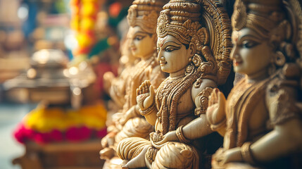 Fototapeta premium Exquisite Wooden Hindu Deities at an Ornate Temple Displaying Detailed Carvings and Craftsmanship : Generative AI