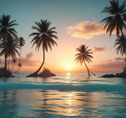 Sunset over a tranquil turquoise ocean with palm trees swaying in the gentle breeze, palm tree, tropical sea, serene landscape