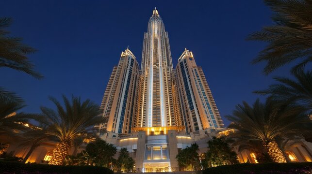 Majestic illuminated skyscraper at twilight, flanked by palm trees. - Powered by Adobe