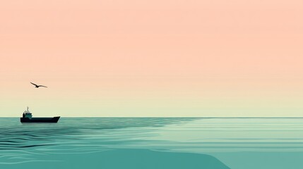 Obraz premium Serene seascape with a lone ship and bird at sunset.