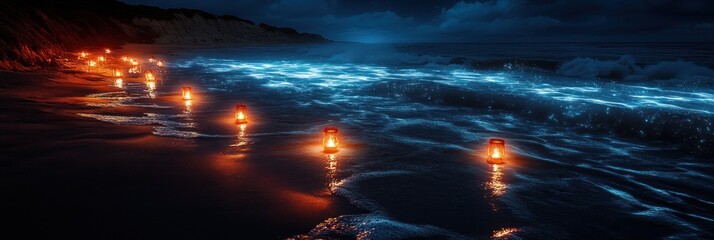 Fototapeta premium Lit lanterns line a dark beach at night, waves gently lapping the shore under a moonlit sky.
