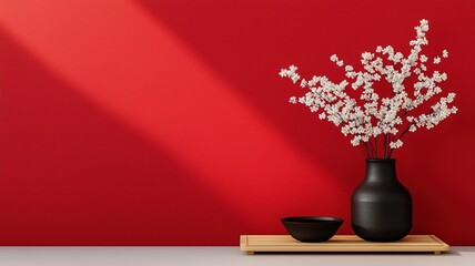Fototapeta premium Chinese new year reunion concept. Vase with flowers against a vibrant red wall backdrop.