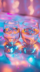Two glasses of water reflecting vibrant neon lights on a reflective surface.