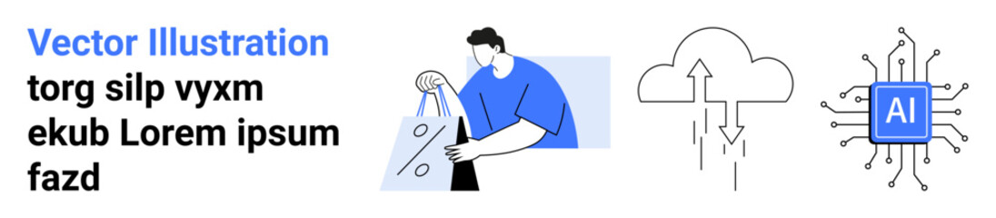Man purchasing goods online, cloud synchronization, and AI chip technology. Ideal for digital marketing, e-commerce, tech innovation, cloud computing, AI development, educational content and user
