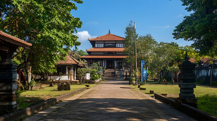 Fototapeta premium Traditional Balinese Architecture with a Lush Garden Under Blue Sky : Generative AI