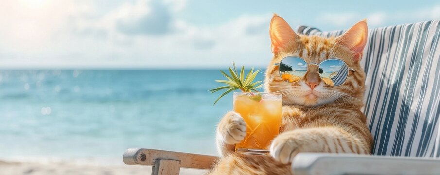 A relaxed cat wearing sunglasses enjoys a tropical drink while lounging on a beach chair by the ocean.