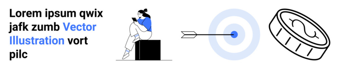 Woman sitting on a block using a laptop, arrow hitting a blue target, coin stack. Ideal for business strategy, productivity, target achievement, financial goals, online work, success planning