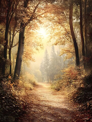 Obraz premium Enchanting Autumn Forest Path with Soft Sunlight and Vibrant Foliage : Generative AI