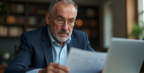 Fototapeta premium A close-up portrait of a senior mature male bank manager in a modern office, meticulously reviewing a paper financial report 