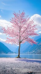 A magnificent and beautiful cherry blossom tree standing alone, with beautiful mountain and lake views