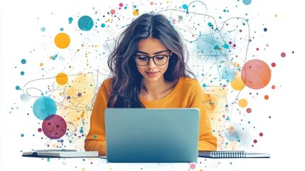 A woman is sitting at a desk with a laptop open in front of her. Generative AI