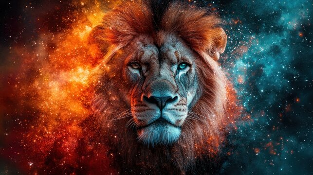 Majestic lion portrait in cosmic nebula.