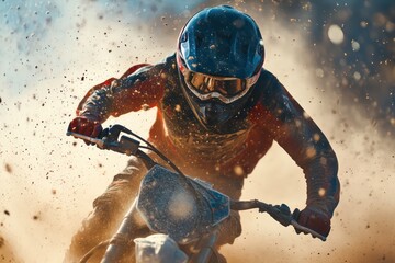 A close-up of a young rider on a dirt bike practicing tricks in the sand, with dust and sand particles visible in the air around him.