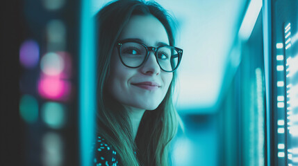 Obraz premium Young woman working at modern data center.