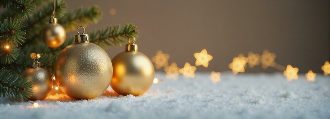 Fototapeta premium Close-up of gold Christmas tree ornaments and pine needles on snow with star shaped bokeh lights, festive holiday background concept.