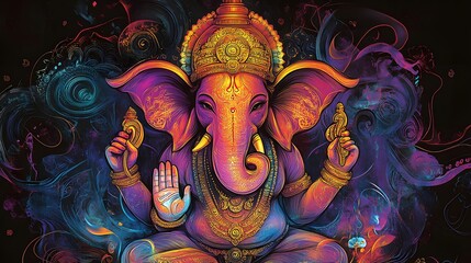 Naklejka premium Ganesha ornate jewelry holds objects floral background.