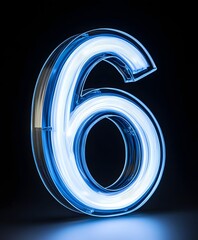 Glowing Blue Glass Number 6 on Black Background with Soft Shadow Effect