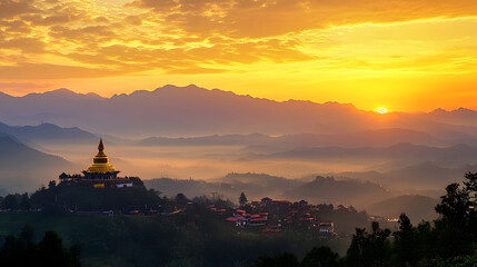 Breathtaking Sunrise Over Misty Asian Mountain Landscape with Pagoda : Generative AI
