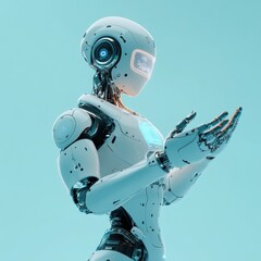 Futuristic white robot with open hands, presenting or offering.