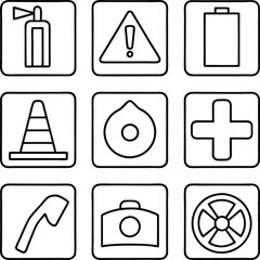 Safety Icons Warning, Emergency, First Aid, and Communication Symbols