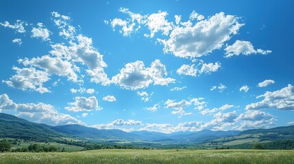 A clear blue sky with a few clouds and a vast open field. Generative AI