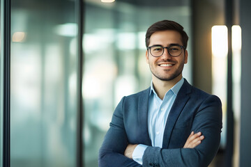 Fototapeta premium Confident Business Professional Smiling in Modern Glass Office Environment : Generative AI