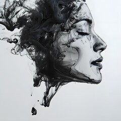 Fototapeta premium Enigmatic Feminine Face Formed by Ink Droplets in Flowing Water