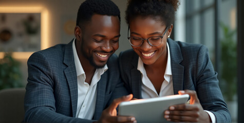  A mid shot of two happy African professional business team members actively engaged in a collaborative task, using a digital tablet in a modern, well-lit office environment