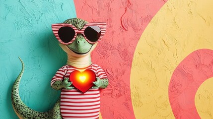 A playful lizard wearing sunglasses and a striped shirt holds a glowing heart against a colorful, vibrant background.