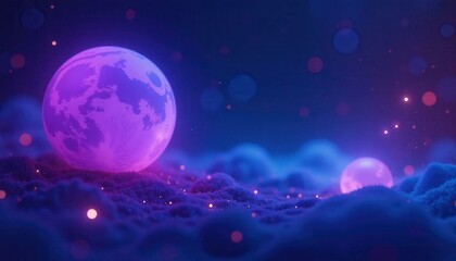 Luminous magenta planet with textured surface hovers above a sea of clouds under a dark purple sky with other smaller orbs, concept of cosmic landscape