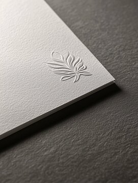 Stylish embossed logo mockup on textured paper, ideal for showcasing branding with a touch of sophistication in a professional studio setting.